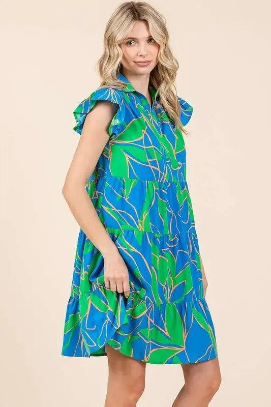 Mittoshop Leaf Print Ruffle Sleeve Tiered Mini Dress For Women - Love Salve